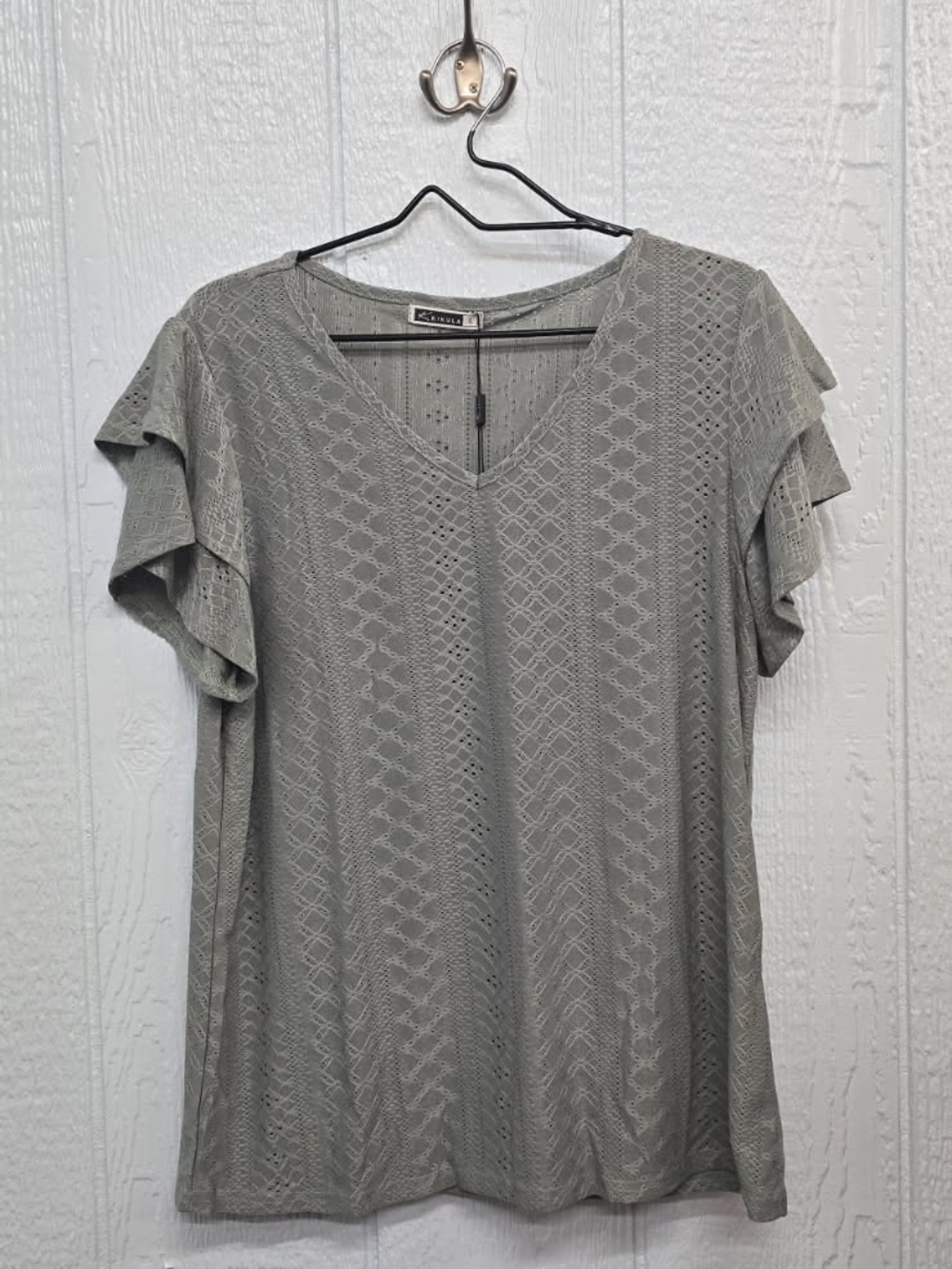 NWT Large Sage Green Lace-Pattern V-Neck Top with Flutter Sleeves